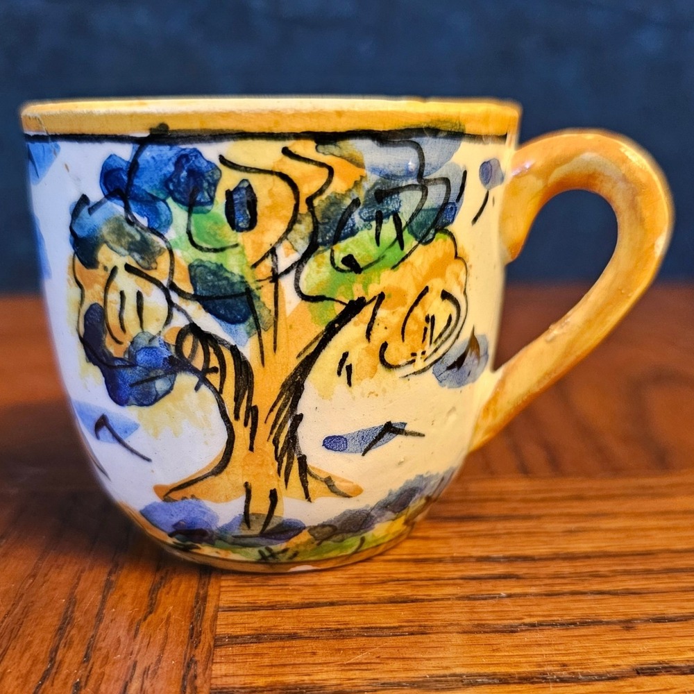Vintage Hand Painted Spanish Ceramic Espresso Cup Tree Gazelle Folk Art Spain